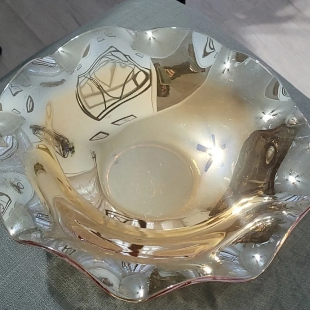 Vintage Indiana Glass Iridescent Console Bowl – Pink‑Peach Carnival Finish (EUC)